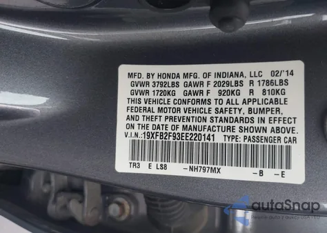 2014 Honda Civic Ex-L z USA, uszkodzony, nr VIN 19XFB2F93EE220141